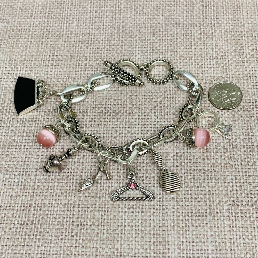 Silver Girly Pink Black Enamel Charm Bracelet